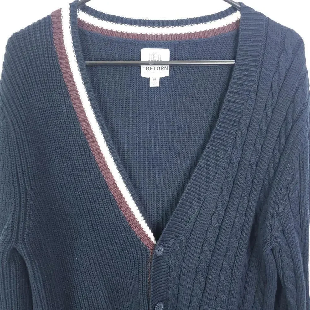 Tretorn Sweater Mens M Preppy Cardigan Cableknit Navy Academia Country Club